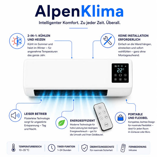 AlpenKlima – Tragbare Klimaanlage & Heizung ohne Installation | 2-in-1 | Bis 51 m²