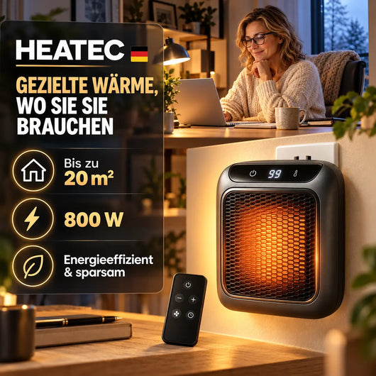 HEATEC -  energiesparende tragbare Komfortheizung mit hoher Heizleistung & Sicherheitssystem ohne Installation | Bis 20 m²
